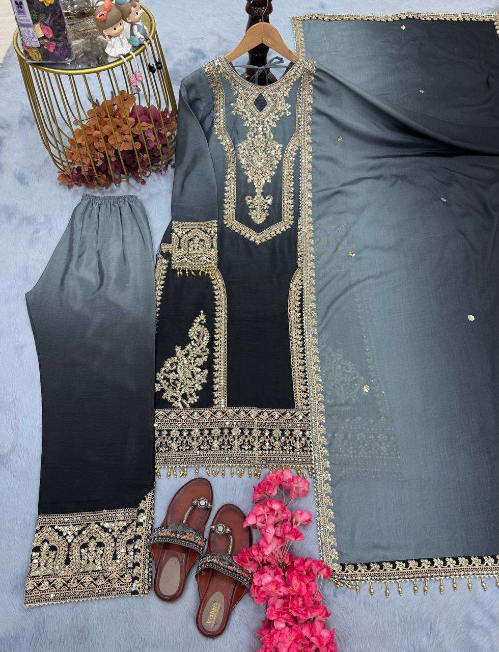Women's Chinon Silk Embroidery Straight Pakistani Salwar Suit and Dupatta - Image 15