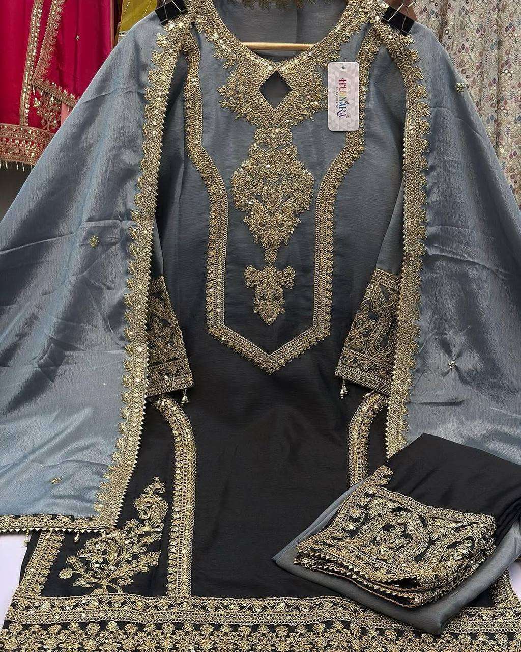 Women's Chinon Silk Embroidery Straight Pakistani Salwar Suit and Dupatta - Image 14