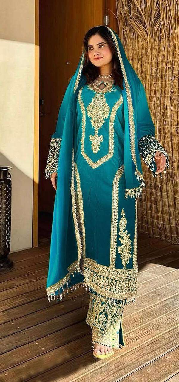 Women's Chinon Silk Embroidery Straight Pakistani Salwar Suit and Dupatta - Image 3